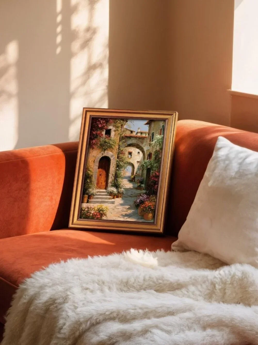 Gold Framed Mediterranean Village Canvas Art - 16x12 Inch Tuscan Landscape Decor